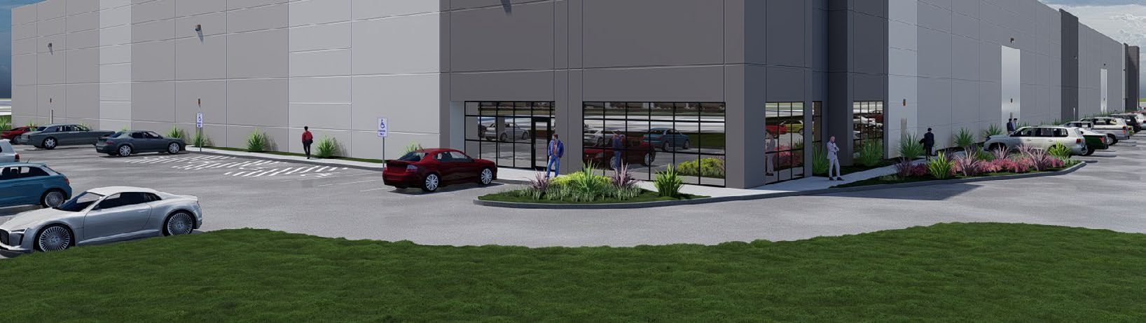 Riverbend East Industrial Park — office entrance rendering with parking