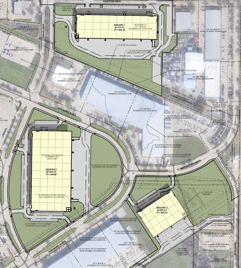Riverbend East Industrial Park site plan showing Buildings 1, 2, and 3